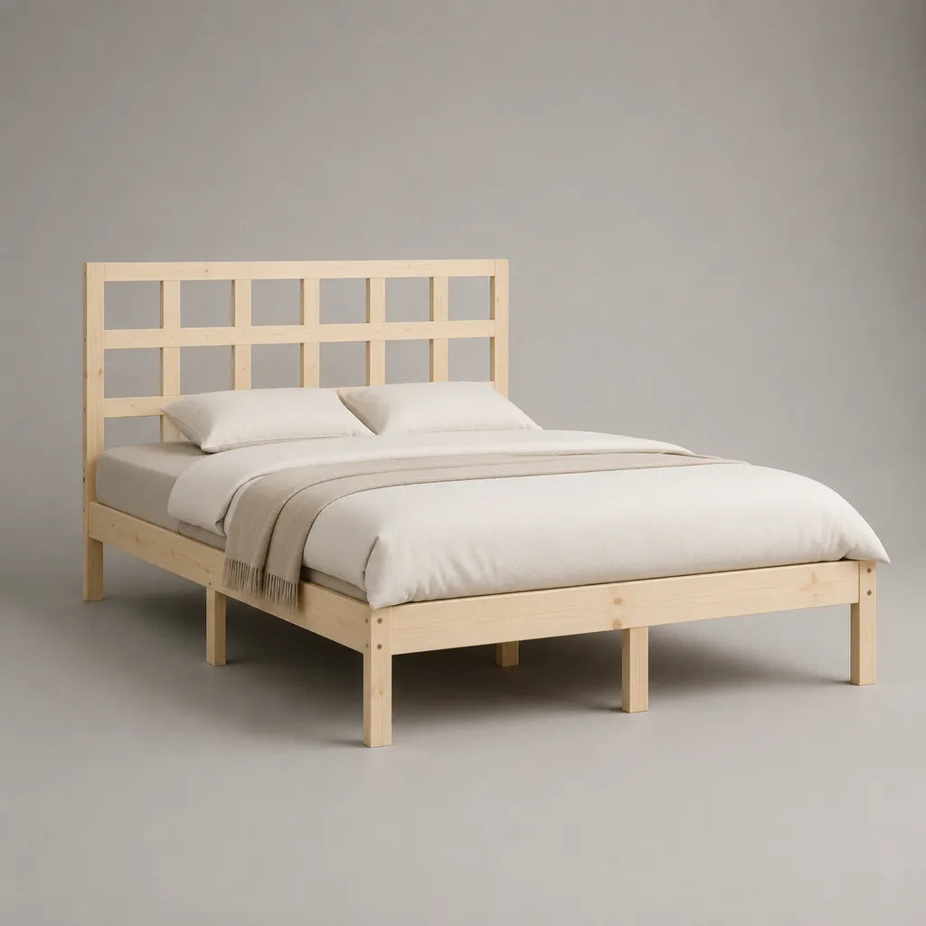 Lit double en pin massif avec sommier à lattes, bois naturel, couchage 140 × 190 cm, dimensions 198 × 148 × 100 cm