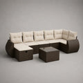 Salon de jardin 8 pièces, canapé d’angle en U 7 places en résine tressée brun foncé avec coussins beiges et table basse, 300 × 220 × 73 cm