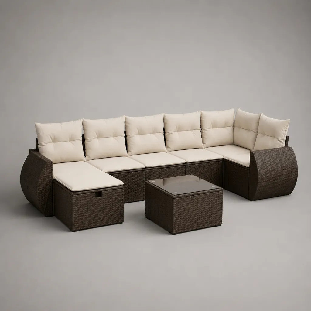 Salon de jardin 8 pièces, canapé d’angle en U 7 places en résine tressée brun foncé avec coussins beiges et table basse, 300 × 220 × 73 cm