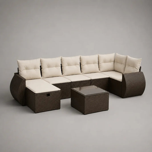Salon de jardin 8 pièces, canapé d’angle en U 7 places en résine tressée brun foncé avec coussins beiges et table basse, 300 × 220 × 73 cm
