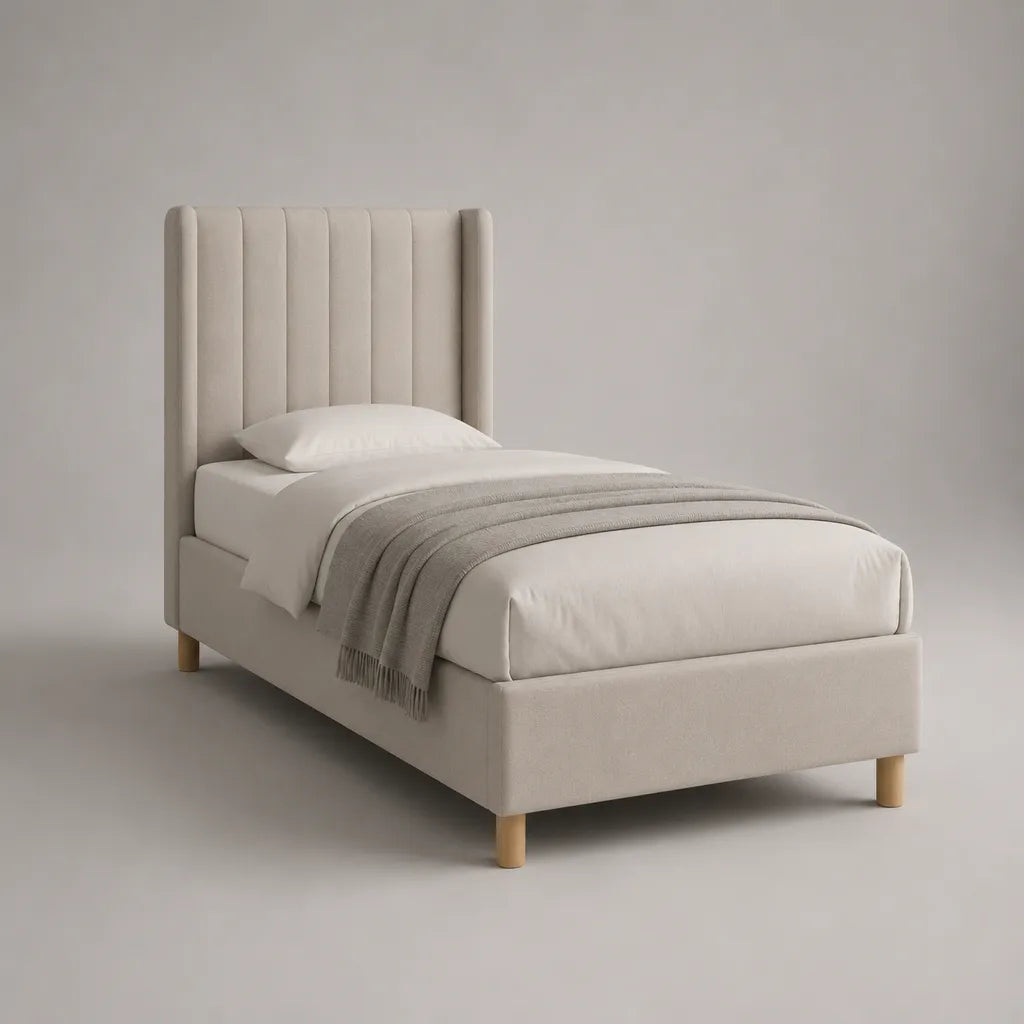 Lit une place 90 × 190 cm en tissu beige clair avec tête de lit rembourrée, 203 × 102 × 120 cm