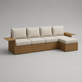 Canapé de jardin d’angle 4 places en bois avec méridienne droite, coussins beiges, brun naturel, 296 × 155 × 84 cm
