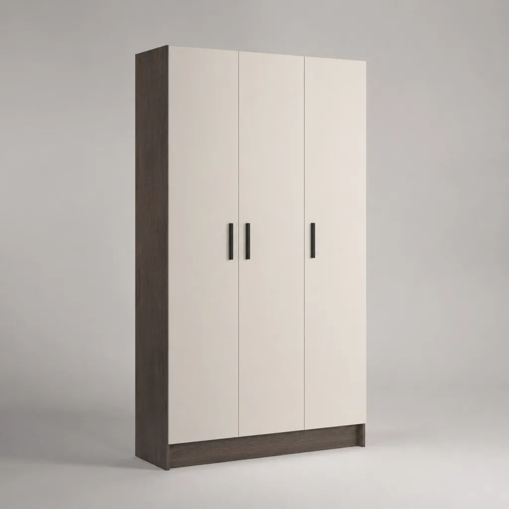 Armoire-penderie à 3 portes battantes en panneaux de particules mélaminés, blanc, chêne foncé et noir, 120 × 52 × 190 cm