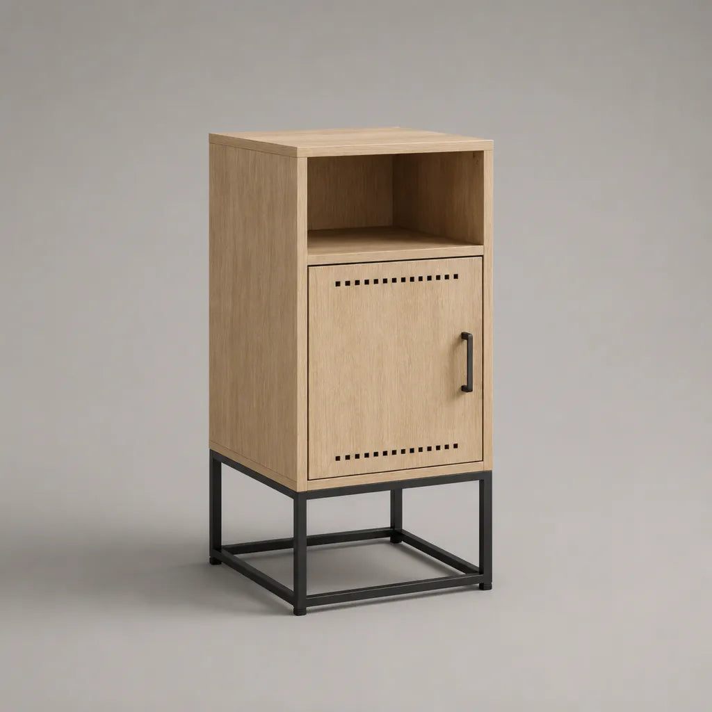 Table de chevet en panneaux de particules et acier avec porte et niche, chêne clair et noir, 40 × 35 × 75 cm