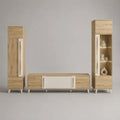 Ensemble meuble TV 3 pièces en bois et métal, chêne naturel et blanc, meuble bas 160 x 40 x 50 cm, colonnes 55 x 40 x 180 cm et 55 x 40 x 190 cm