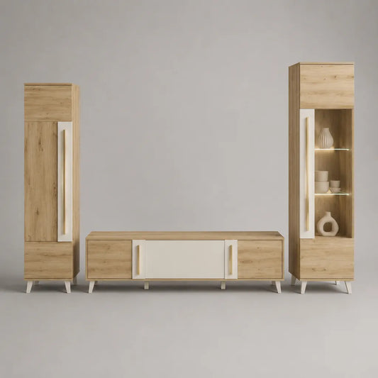 Ensemble meuble TV 3 pièces en bois et métal, chêne naturel et blanc, meuble bas 160 x 40 x 50 cm, colonnes 55 x 40 x 180 cm et 55 x 40 x 190 cm