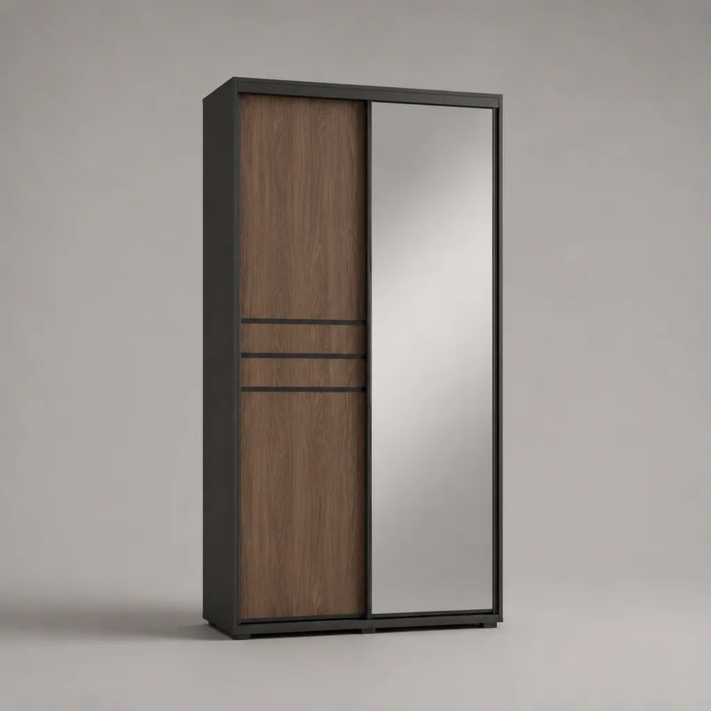 Armoire-penderie à 2 portes coulissantes avec miroir, panneaux de particules noir et brun, 120 × 60 × 200 cm