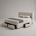 Lit double 160 x 200 cm en velours polyester beige avec tête de lit rembourrée et 3 tiroirs, 220 x 180 x 130 cm
