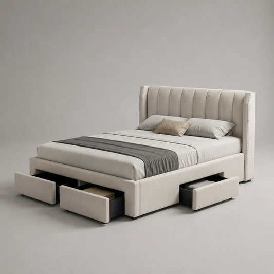 Lit double 160 x 200 cm en velours polyester beige avec tête de lit rembourrée et 3 tiroirs, 220 x 180 x 130 cm