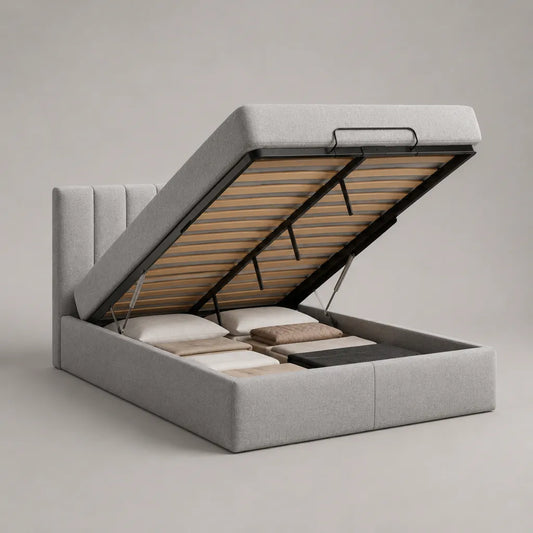 Lit coffre double 160 x 200 cm en polyester et acier, gris clair, dimensions 214 x 174 x 110 cm