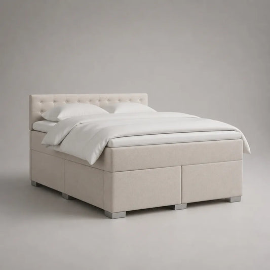 Ensemble lit continental 2 places en tissu beige avec matelas, surmatelas et tête de lit rectangulaire, couchage 160 × 200 cm