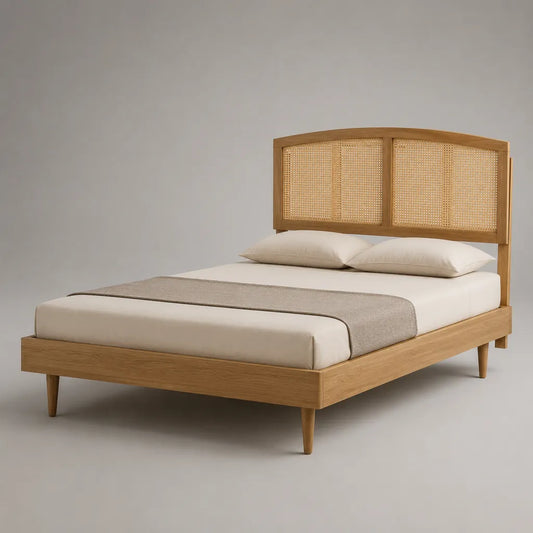 Lit 2 places en bois marron clair 160 × 200 cm avec sommier à lattes et tête de lit en cannage beige, 208 × 168 × 130 cm