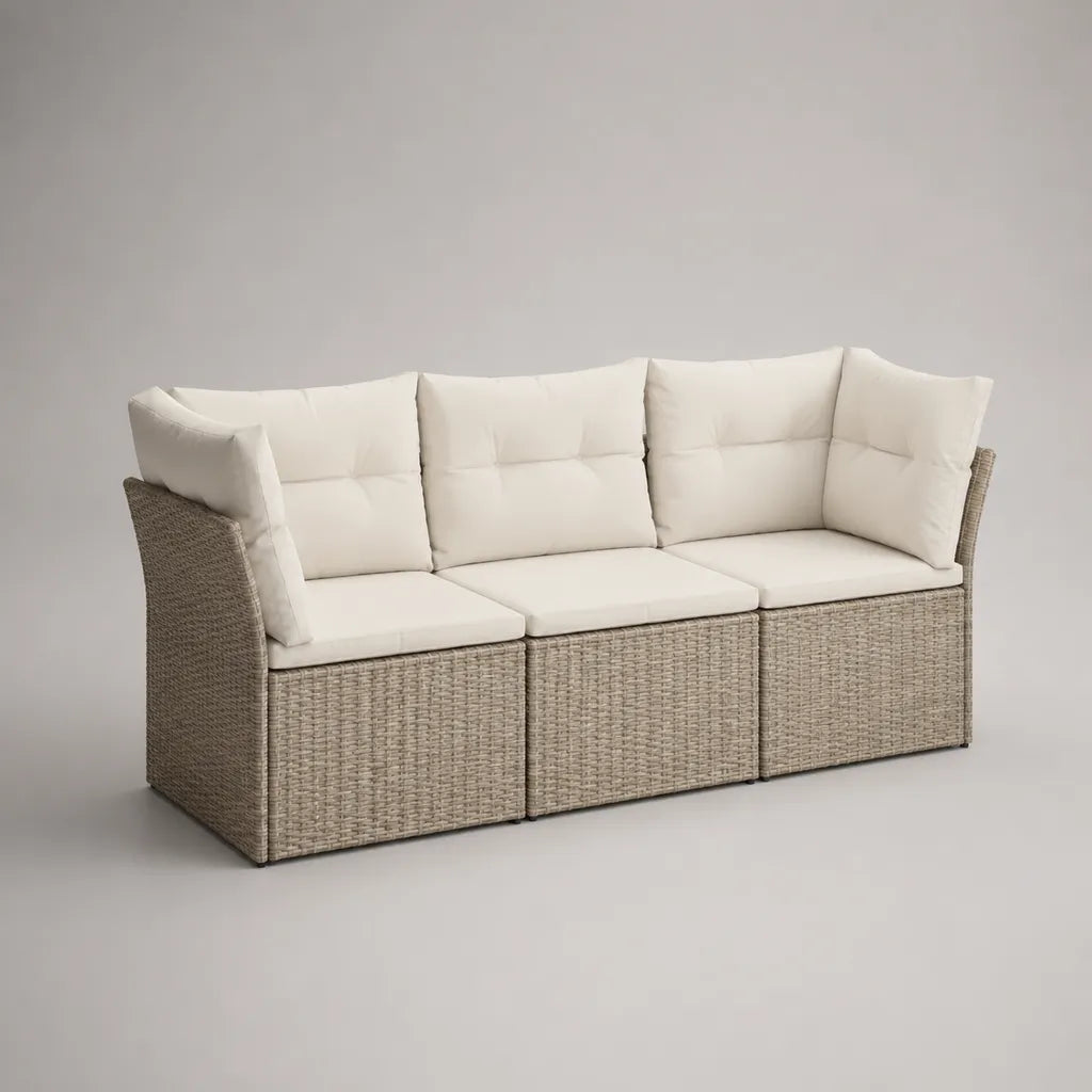 Canapé de jardin modulable 3 places en résine tressée avec coussins beige, 190 × 70 × 75 cm