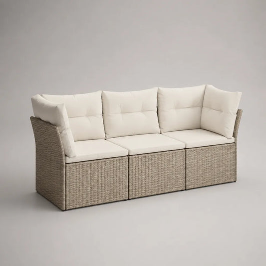 Canapé de jardin modulable 3 places en résine tressée avec coussins beige, 190 × 70 × 75 cm