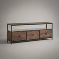 Meuble TV en panneaux de particules, acier et verre trempé avec 3 tiroirs, marron, noir et transparent, 140 × 40 × 60 cm