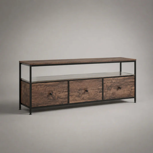 Meuble TV en panneaux de particules, acier et verre trempé avec 3 tiroirs, marron, noir et transparent, 140 × 40 × 60 cm