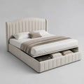 Lit double avec rangement en tissu beige, couchage 160 x 200 cm, dimensions 220 x 180 x 120 cm, tête de lit rembourrée et tiroir frontal