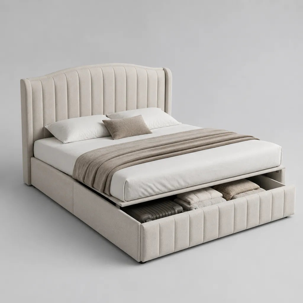 Lit double avec rangement en tissu beige, couchage 160 x 200 cm, dimensions 220 x 180 x 120 cm, tête de lit rembourrée et tiroir frontal