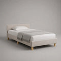 Cadre de lit simple rembourré 90 x 190 cm en tissu beige clair avec tête de lit et pieds en bois