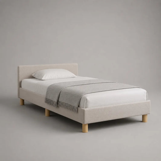 Cadre de lit simple rembourré 90 x 190 cm en tissu beige clair avec tête de lit et pieds en bois