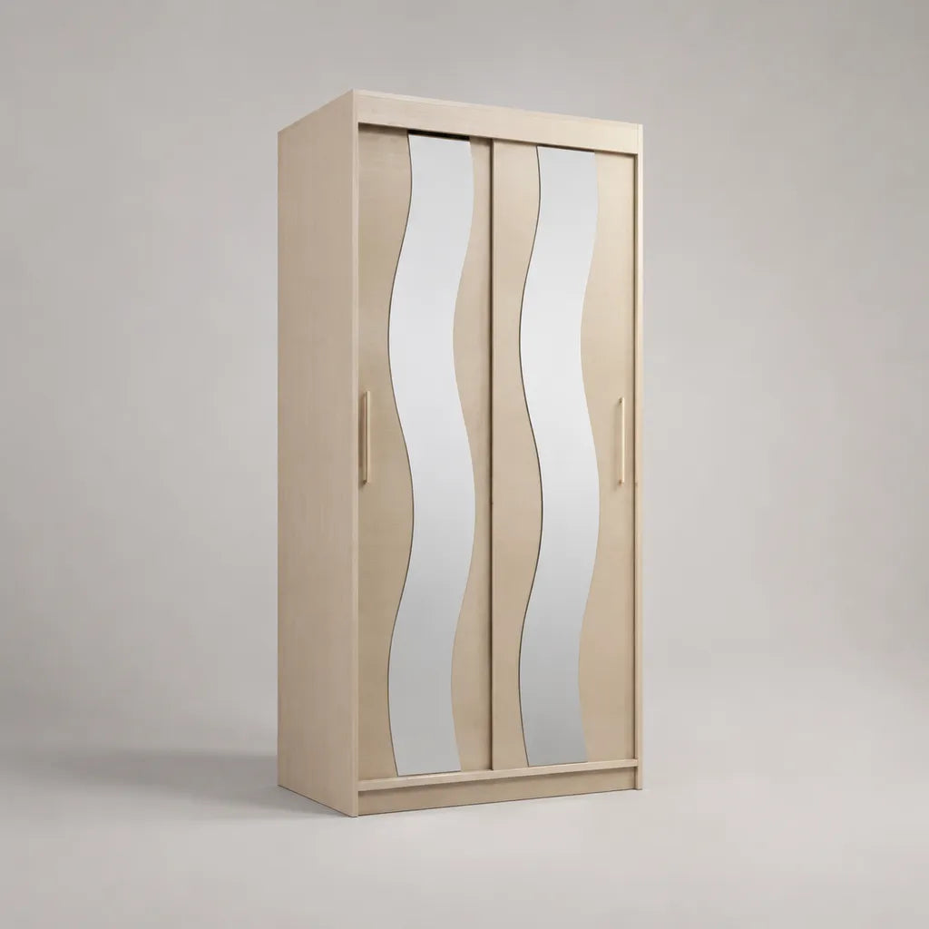 Armoire de rangement en panneaux de particules, 2 portes coulissantes avec miroirs, beige et argenté, 90 × 50 × 190 cm