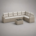 Salon de jardin d’angle modulable 6 places avec table basse en acier et résine tressée, beige et grège, 285 × 220 × 82 cm