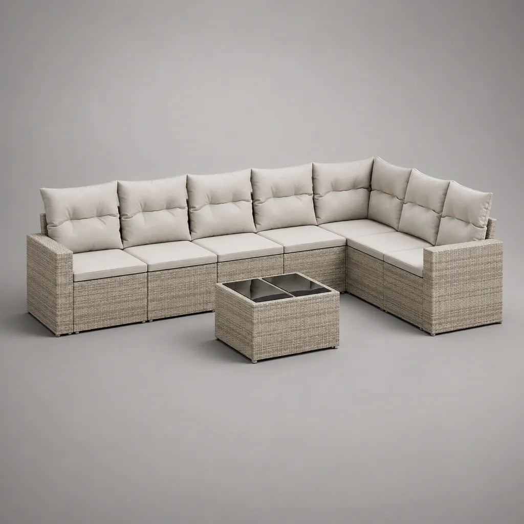 Salon de jardin d’angle modulable 6 places avec table basse en acier et résine tressée, beige et grège, 285 × 220 × 82 cm