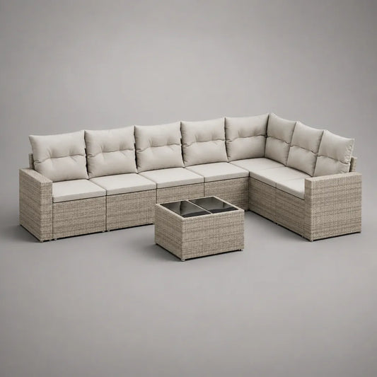Salon de jardin d’angle modulable 6 places avec table basse en acier et résine tressée, beige et grège, 285 × 220 × 82 cm