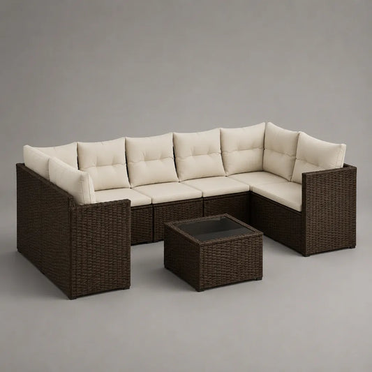 Canapé de jardin d’angle 7 pièces 6 places en résine tressée PE marron et tissu beige avec table, 230 × 230 × 74 cm