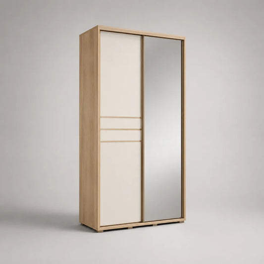 Armoire penderie rectangulaire en bois à 2 portes coulissantes avec miroir, chêne clair et crème, 120 × 60 × 200 cm