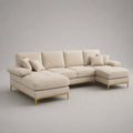 Canapé panoramique 4 places en tissu, forme en U, beige et doré, pieds en acier, 305 × 160 × 85 cm
