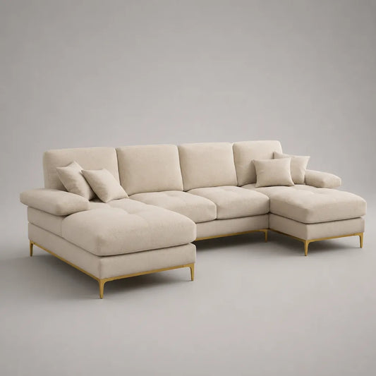 Canapé panoramique 4 places en tissu, forme en U, beige et doré, pieds en acier, 305 × 160 × 85 cm
